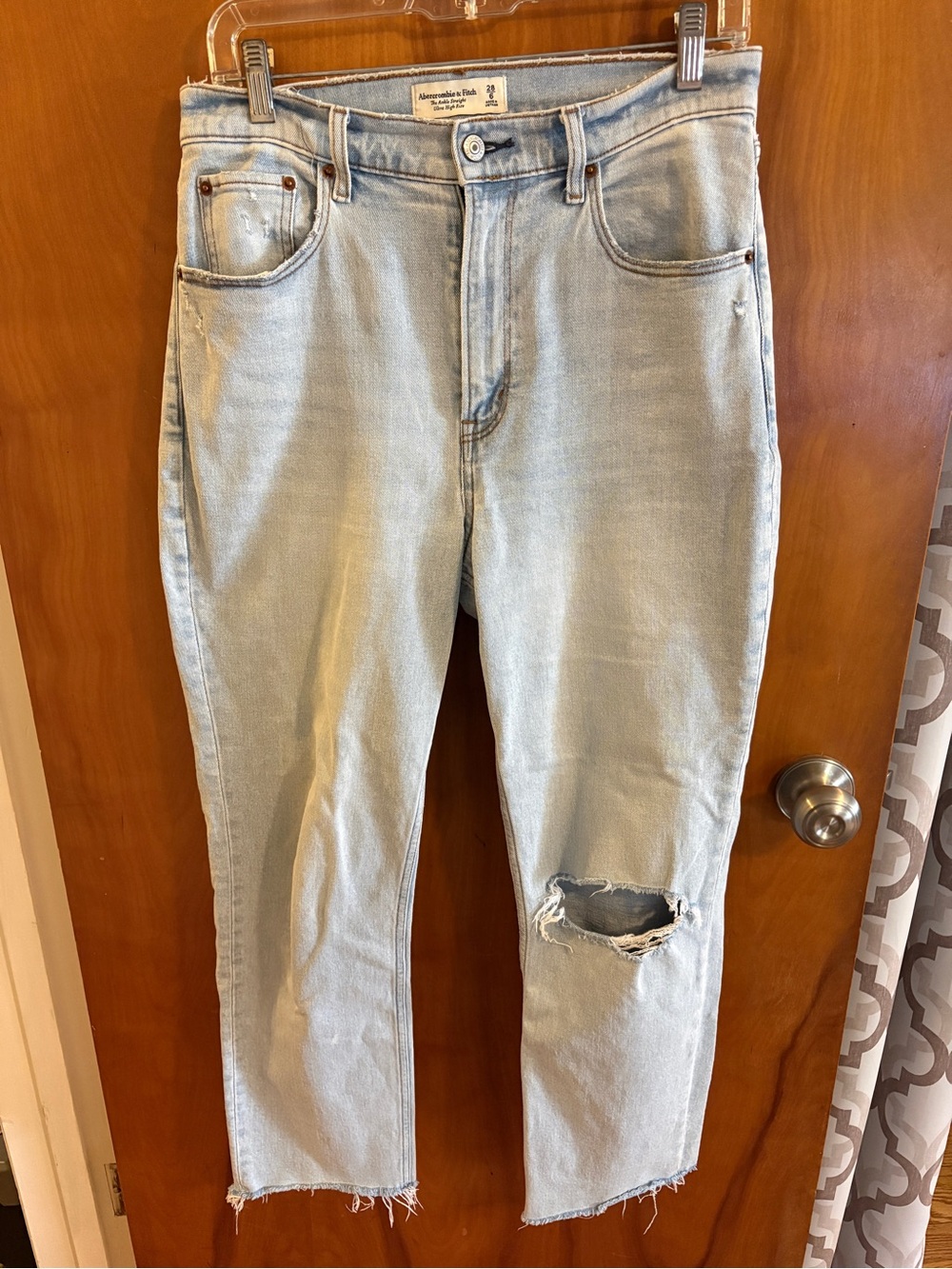 Abercrombie & Fitch Light Blue Straight Leg Jeans with Knee Rip
